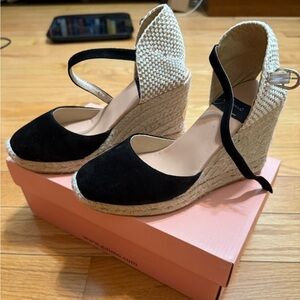 Spanish Suede Black and Cream Espadrille Wedges, Size 5